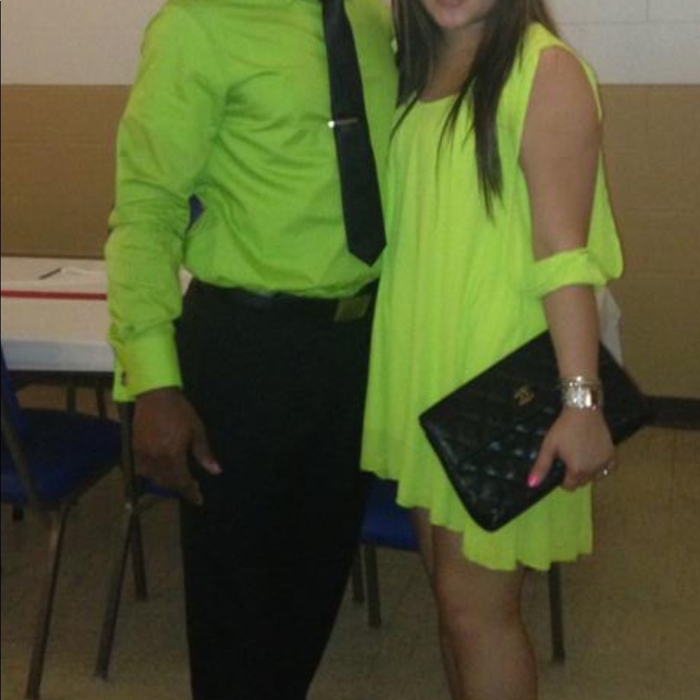 lime green hi low mini dress w/open shoulders